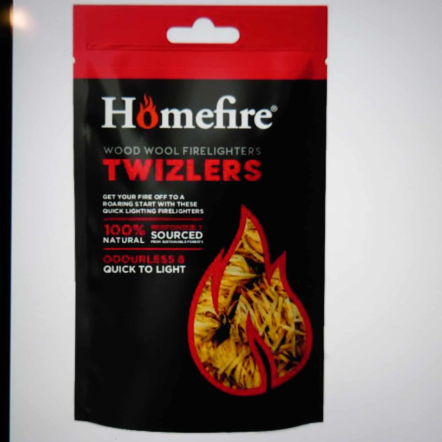 The Homefire Twizlers Natural Fire Lighters package features a red and black design with flames, highlighting its 