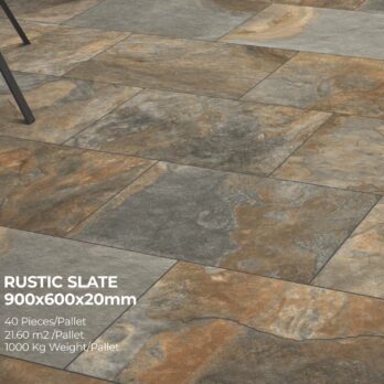 Premium Rustic Slate Porcelain 900x600x20mm tiles showcase a blend of gray, brown, and orange in a staggered layout. Tile specs and pallet info appear overlaid in the lower left corner.
