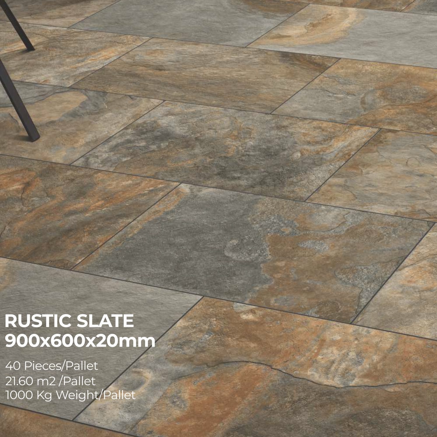 Premium Rustic Slate Porcelain 900x600x20mm tiles showcase a blend of gray, brown, and orange in a staggered layout. Tile specs and pallet info appear overlaid in the lower left corner.