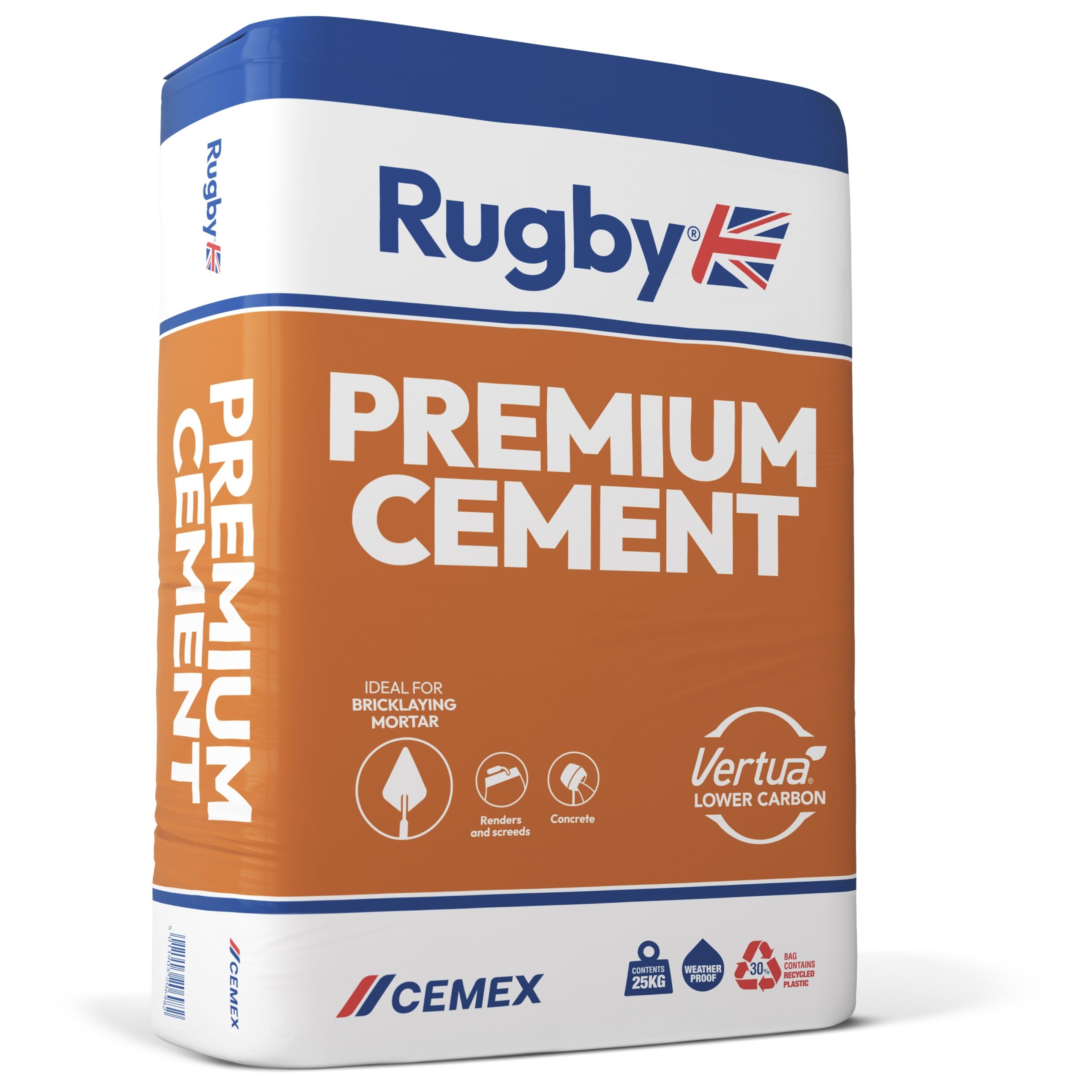 The 25kg Cement Rugby Premium (Waterproof Bag) features a blue-orange design, labeled for bricklaying, renders, screeds. It includes the Vertua lower carbon and Cemex logos.