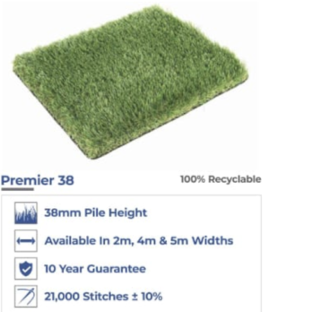 Artificial Grass Premier 38mm Pile features a 38mm pile height, comes in 2m, 4m, and 5m widths, has approx. 21,000 stitches (±10%), a 10-year guarantee, and is made from 100% recyclable materials.