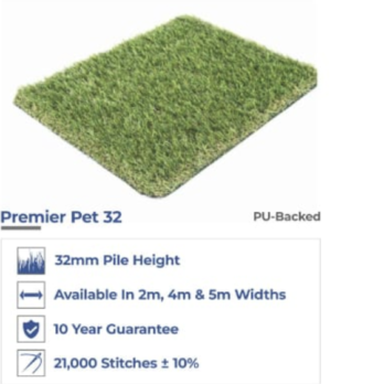 Artificial Grass Premier 32mm PET has a 32mm pile height, PU backing, PET-friendly design, approx. 21,000 stitches (±10%), and comes in 2m, 4m, or 5m widths with a 10-year guarantee.