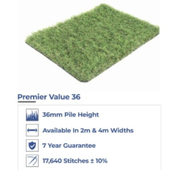 A rectangular piece of Artificial Grass Premier 36mm Value with 36mm pile height, 2m & 4m widths, a 7-year guarantee, and 17,640 stitches ±10%. Enjoy exceptional value for your outdoor area.
