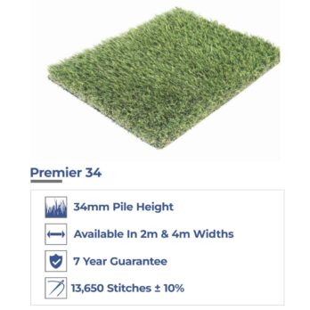 Artificial Grass Premier 34mm Pile offers a 34mm pile height, available in 2m and 4m widths, approximately 13,650 stitches (±10%), and comes with a 7-year guarantee.