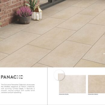 A modern patio showcases Premier Panache Crema 21.6m² porcelain tiles (900x600x20mm), arranged in a grid, bordered by brick and sliding doors. Subtle speckling and decorative potted plants enhance the look. Two tile samples are displayed below.