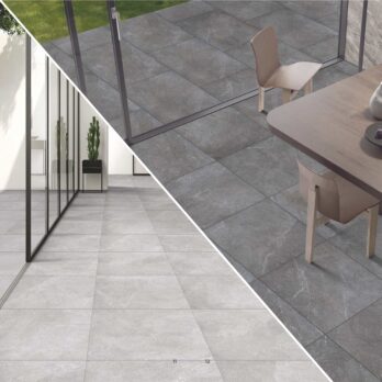 A split image shows tiled floors: on the left, Premier Elegance Grigio 21.6m2 Porcelain creates a modern look with a tree, while the right side features dark tiles and a wooden table—timeless porcelain elegance in two stylish finishes.
