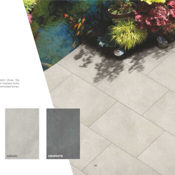 A patio with large light grey porcelain tiles and subtle speckling, surrounded by vibrant plants. Tile samples labeled Sand, Grigio, and Graphite show color options from the Premier Elegance Sand 21.6m² Porcelain Pack collection.