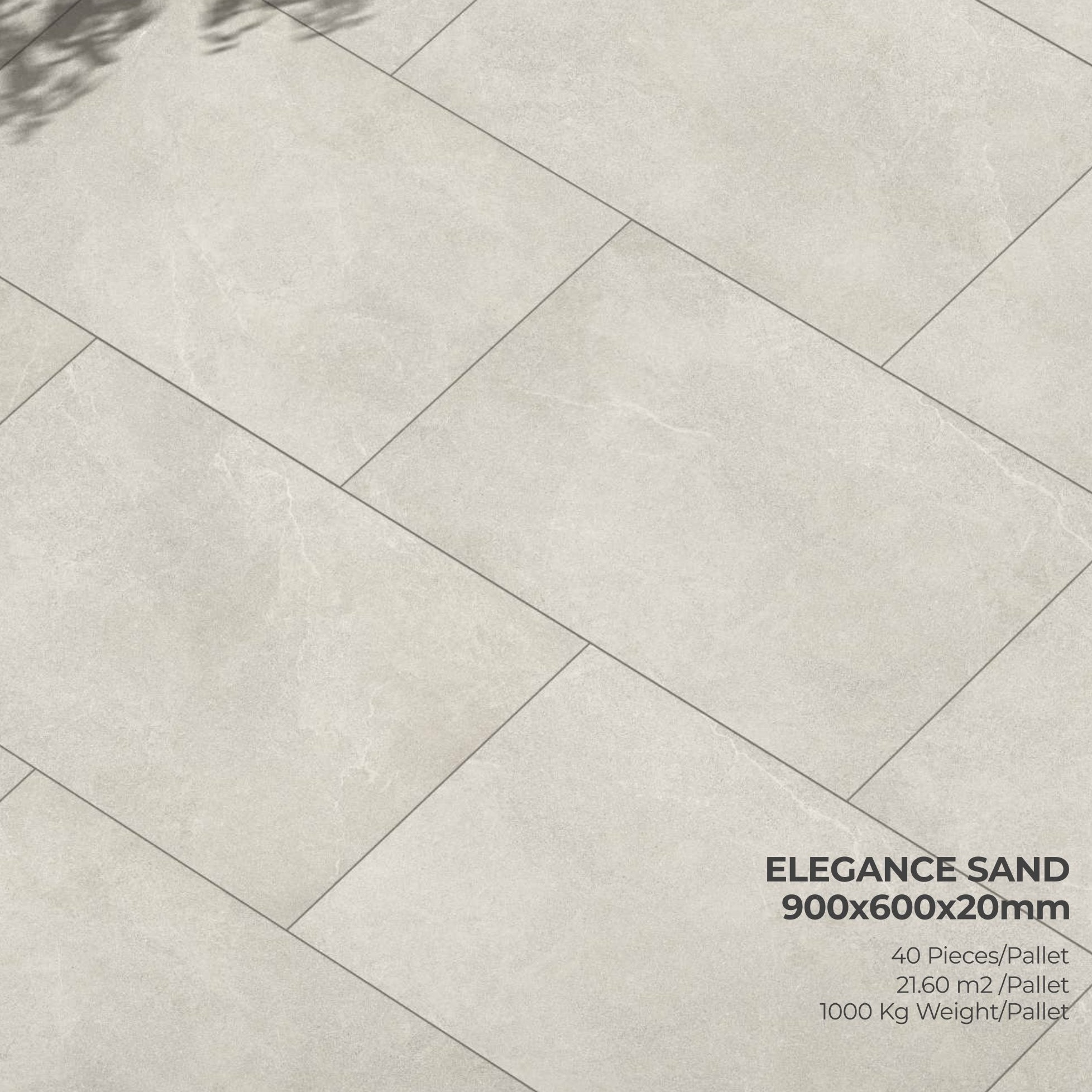Rectangular sand-toned porcelain tiles with subtle veining and speckles, shown in a staggered layout. Text: 