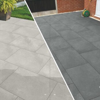 Split image shows two patios: left side with light grey Premier Elegance Grigio 21.6m2 Porcelain slabs, right side with dark grey tiles. Both feature large rectangular porcelain paving for a refined, elegant look.