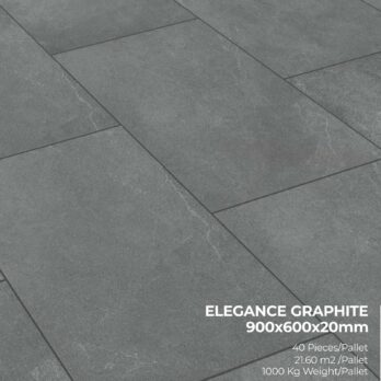 Premier Elegance Graphite porcelain tiles in dark gray with a subtle stone texture, sized 900x600x20mm. 40 pieces per pallet, covering 21.6 m², total weight 1000kg. Ideal for staggered floor patterns.