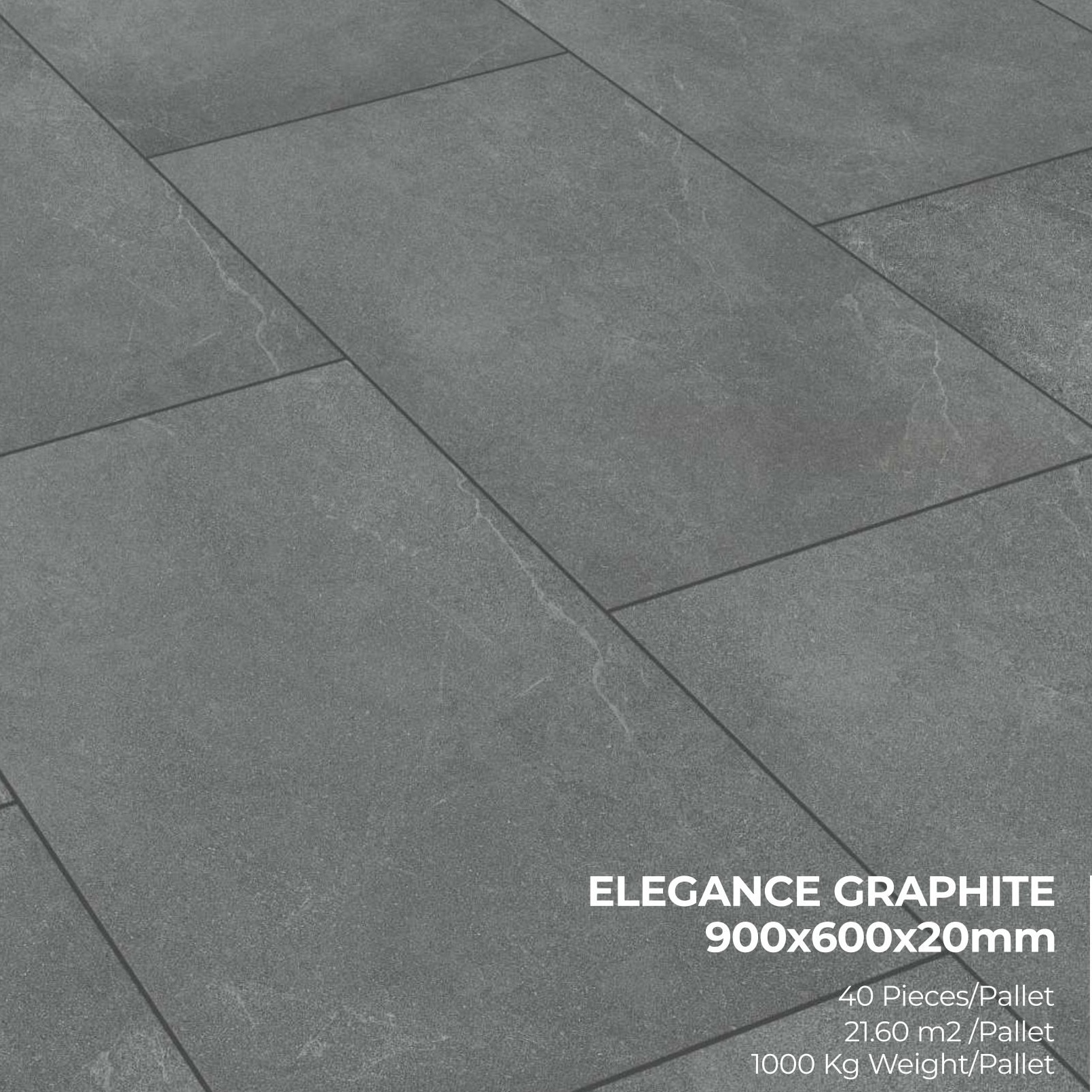Premier Elegance Graphite porcelain tiles in dark gray with a subtle stone texture, sized 900x600x20mm. 40 pieces per pallet, covering 21.6 m², total weight 1000kg. Ideal for staggered floor patterns.