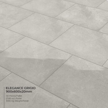 Rectangular light grey stone-effect tiles with a subtle marbled pattern are laid in a staggered design. Text reads "Premier Elegance Grigio 21.6m2 Porcelain Pack" with pallet quantity, coverage area, and weight details shown.