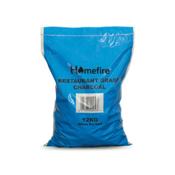 A blue bag labeled "Restaurant Grade BBQ Lumpwood Charcoal - 12kg" stands upright against a white background, featuring a barcode and "12KG When Packed" on the front—ideal for exceptional BBQ grilling.