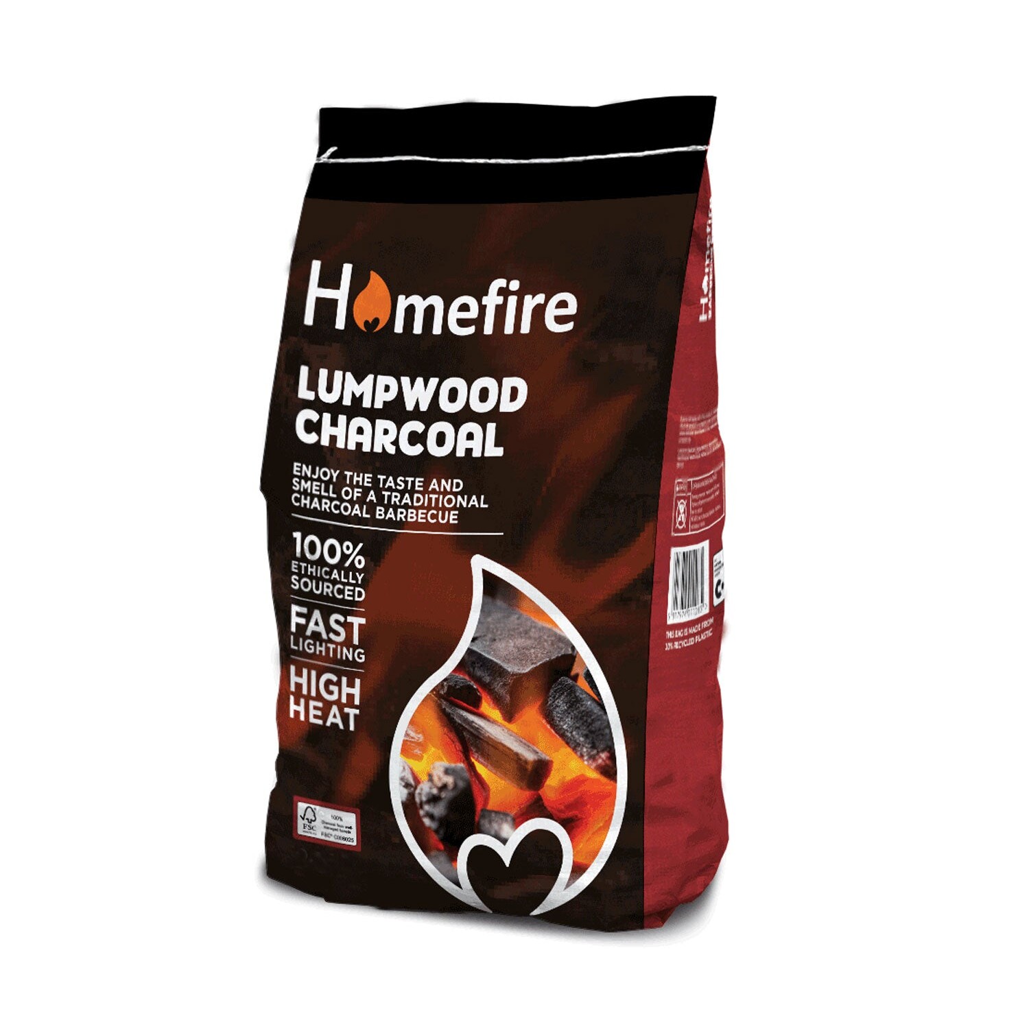 Homefire BBQ Lumpwood Charcoal 4Kg comes in brown and red flame-themed packaging, boasts 