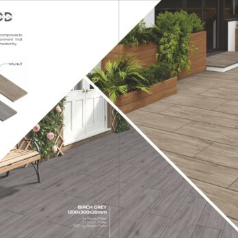 A catalog spread presents Premier Oakwood Birch Grey 23.04m2 Porcelain Pack tiles in a patio scene with a bench and flowers, showcasing their refined style and generous dimensions in an elegant outdoor setting.