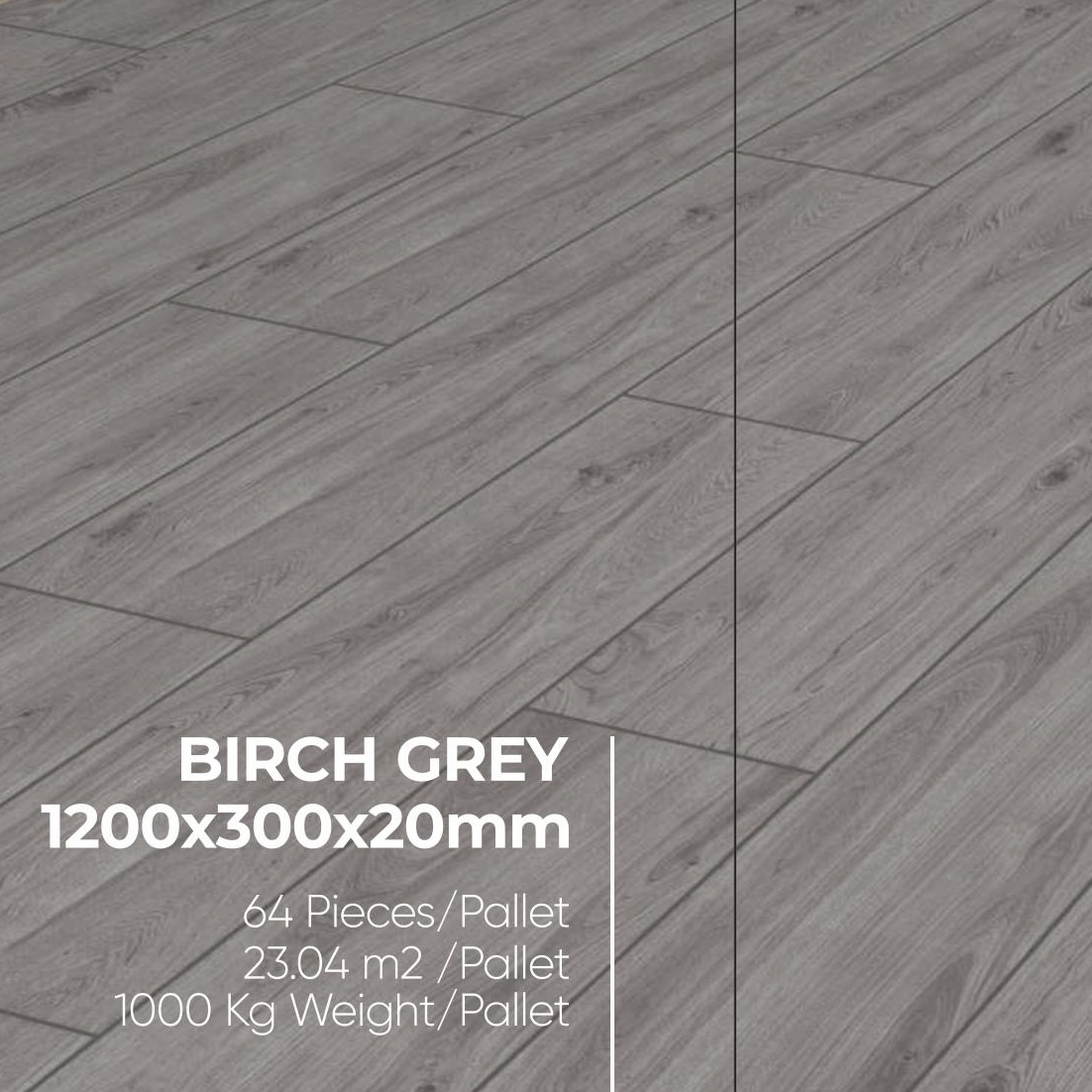 Premier Oakwood Birch Grey 23.04m² porcelain tiles add elegant wood-look style, arranged in a staggered layout. 1200x300x20mm, 64 pieces/pallet, 1000kg per pallet. Text: 