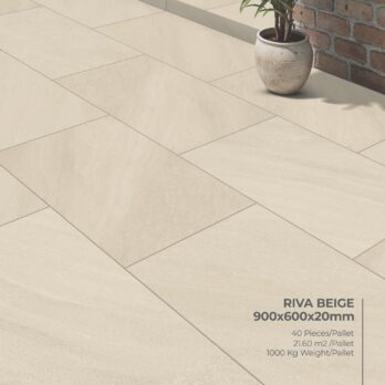 Premier Riva Beige 21.6m2 Porcelain tiles are arranged on the floor for a modern look, with a round potted plant in the upper right. Tile size and pallet details appear in the bottom right corner.