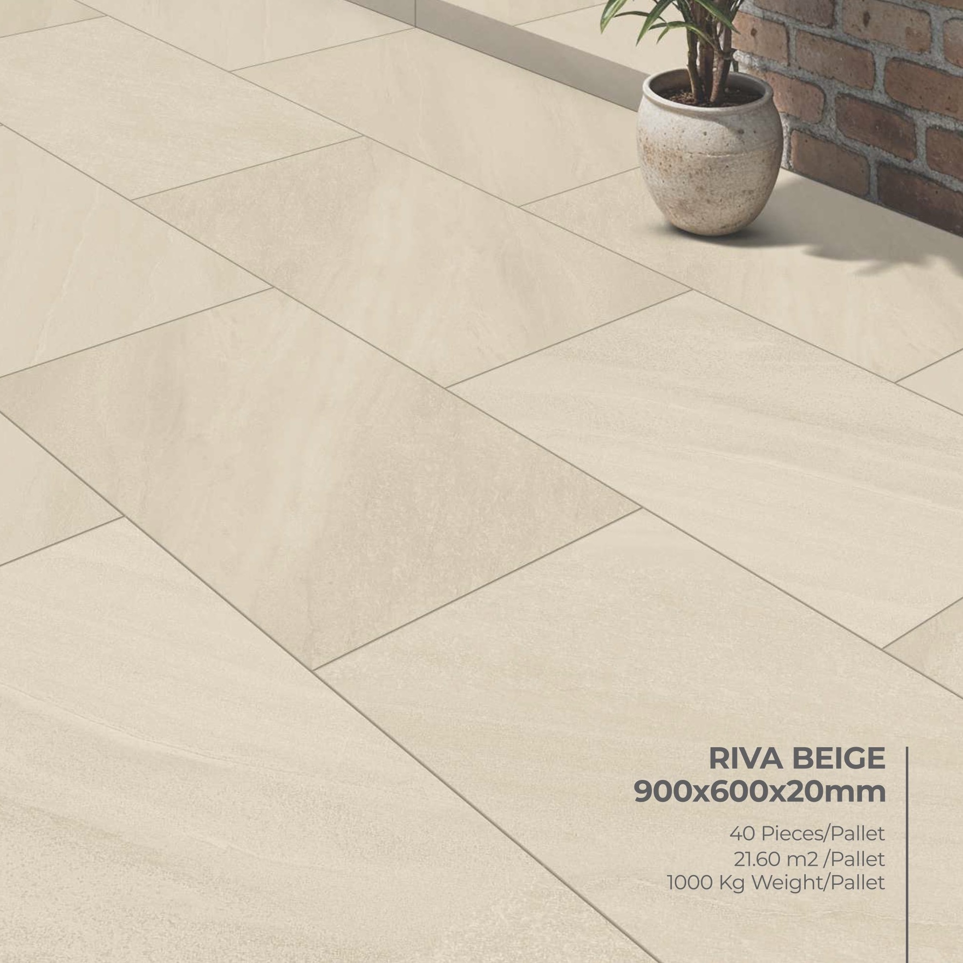 Premier Riva Beige 21.6m2 Porcelain tiles are arranged on the floor for a modern look, with a round potted plant in the upper right. Tile size and pallet details appear in the bottom right corner.
