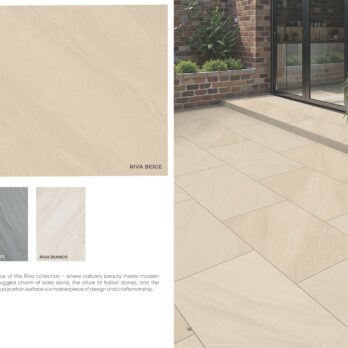 A modern patio with large beige porcelain tiles extends from a glass door, bordered by brick walls and greenery. On the left are three tile samples, including Premier Riva Dark 21.6m2 Porcelain Pack, with details and specs.