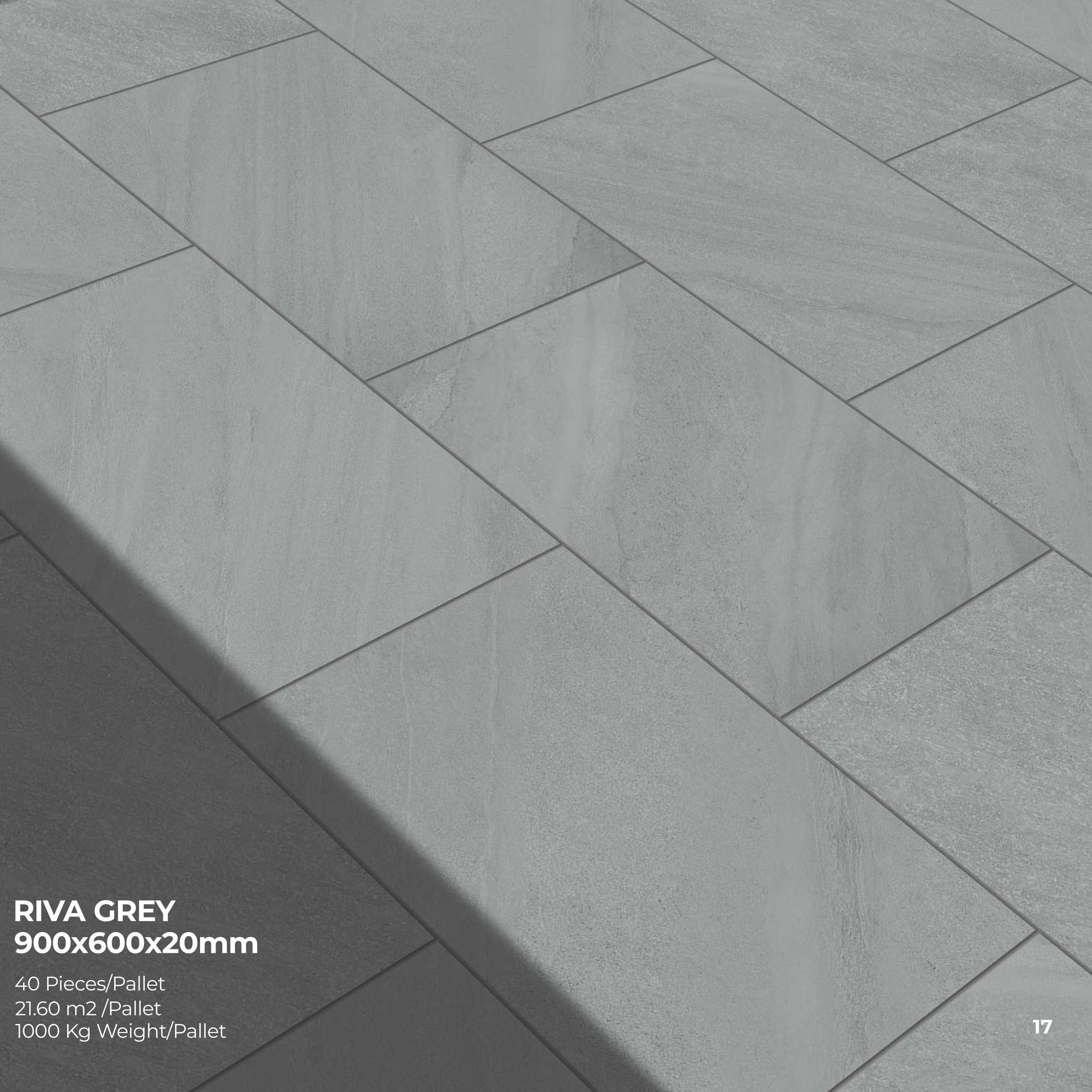 Large grey Premier Riva Grey 21.6m2 Porcelain tiles (900x600x20mm) laid in a staggered pattern outdoors, with diagonal shadows highlighting the rugged slate stone effect. Text notes tile size and pack details in the corner.