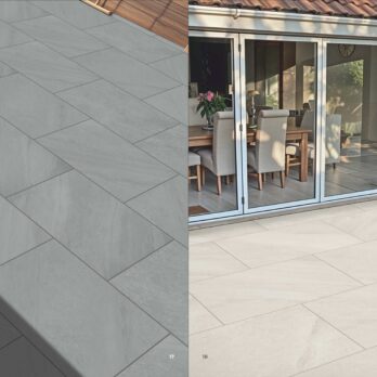 Side-by-side view of two outdoor patios: the left features Premier Riva Grey 21.6m2 Porcelain tiles, while the right has large light beige tiles outside a house with sliding glass doors and an outdoor dining table.