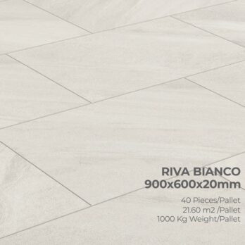 Premier Riva Bianco 21.6m2 Porcelain Pack features light-colored, rectangular tiles in a staggered pattern. Text: "Premier Riva Bianco 900x600x20mm, 40 pcs/pallet, 21.60 m²/pallet, 1000 kg/pallet.