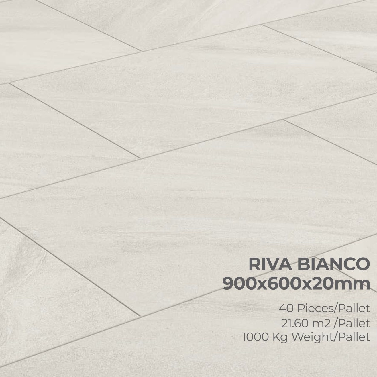 Premier Riva Bianco 21.6m2 Porcelain Pack features light-colored, rectangular tiles in a staggered pattern. Text: 