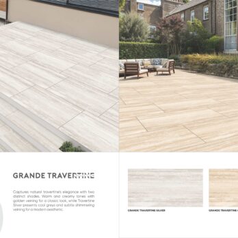 Two outdoor patios showcase modern seating and greenery, featuring the porcelain elegance of the Premier Grande Travertine Silver 21.6m² Porcelain Pack, with large, rectangular tiles in light beige and silver tones.