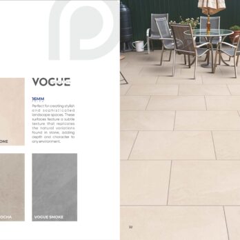 A patio with large beige tiles, a round glass table, and metal chairs. Two tile samples are on the left. The featured tiles are Premier Vogue Bone 28.08m2 Porcelain Pack from the Vogue range.