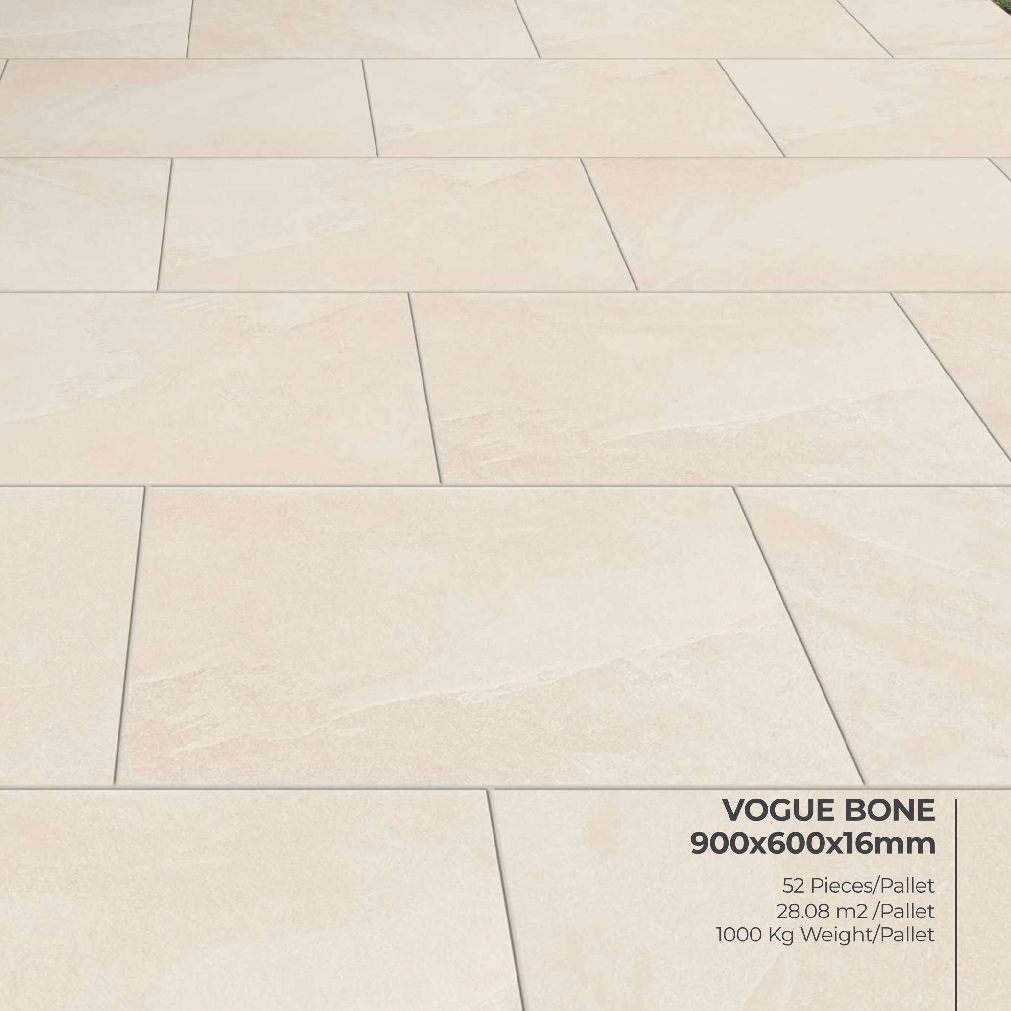 Large, rectangular beige porcelain tiles with a subtle Cathedral marble effect, staggered layout, and clear grout lines. Text: “Premier Vogue Bone 28.08m² Porcelain Pack, 900x600x16mm, 52 pcs/pallet, 28.08 m²/pallet, 1000 kg/pallet.”.
