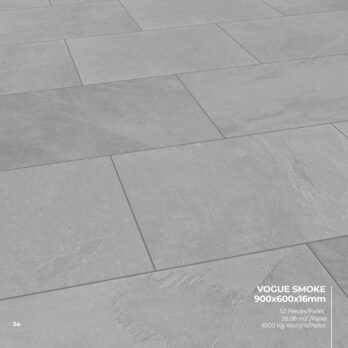 Premier Vogue Smoke 28.08m² Porcelain Pack: gray rectangular tiles with a subtle textured finish and mochastone effect, arranged in an offset pattern. 900x600x16mm, 52 pieces/pallet, covers 28.08 m², pallet weight 1000 kg.