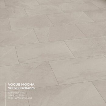 Premier Vogue Mocha 28.08m² Porcelain Pack features light beige, stone-effect rectangular tiles (900x600x16mm), arranged in a staggered pattern. Each pallet contains 52 pieces, covering 28.08m² and weighing 1000kg.