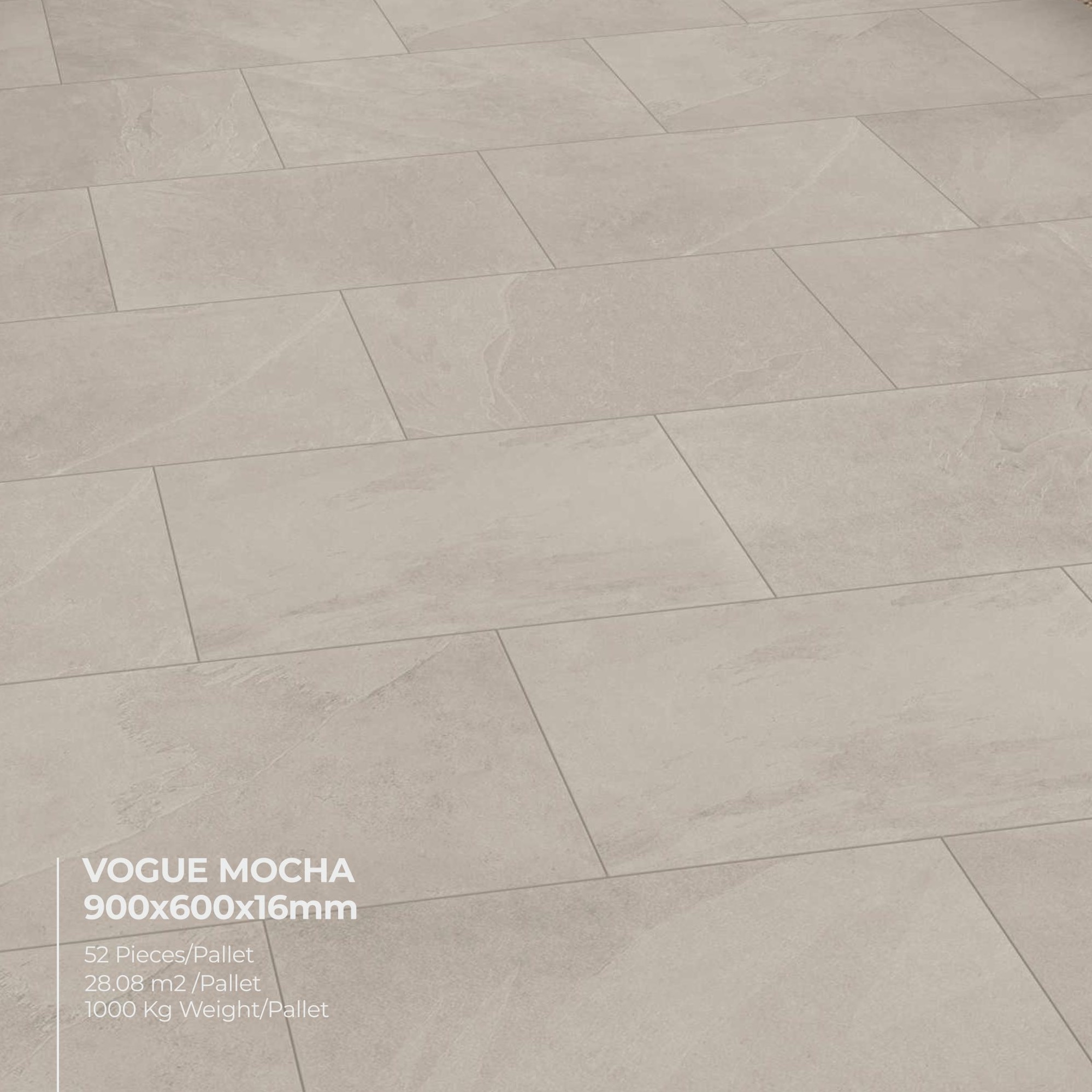Premier Vogue Mocha 28.08m² Porcelain Pack features light beige, stone-effect rectangular tiles (900x600x16mm), arranged in a staggered pattern. Each pallet contains 52 pieces, covering 28.08m² and weighing 1000kg.