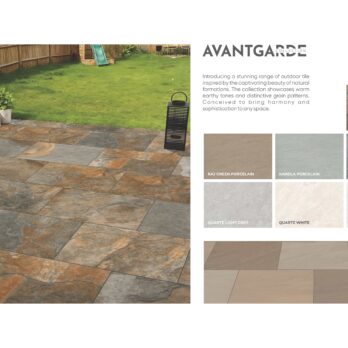 Outdoor patio with large Premier Avantgarde Raj Green 21.6m² Porcelain tiles resembling natural paving. Scene includes a wooden fence, green lawn, pink flowers, black chairs, and tile samples with descriptions on the right.