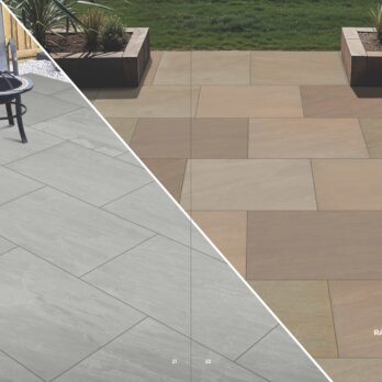 A split image shows two types of outdoor paving: light grey Kandla Porcelain under a garden chair, and Premier Avantgarde Raj Green 21.6m2 Porcelain with a marble vein effect bordering a lawn with wooden planters.