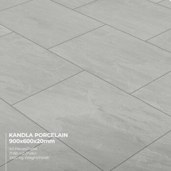 Premier Avantgarde Kandla Grey Porcelain tiles in a natural stone-effect with a subtle texture and staggered pattern. Size: 900x600x20mm. 40 pieces per pallet, covers 21.60 m², weight: 1000kg per pallet.