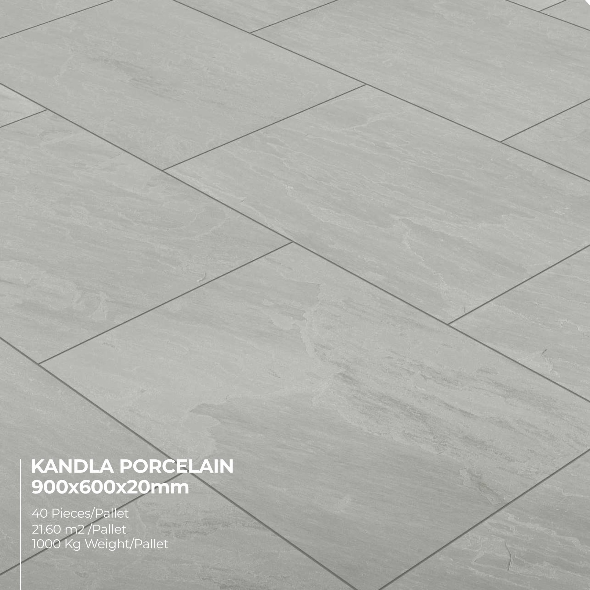 Premier Avantgarde Kandla Grey Porcelain tiles in a natural stone-effect with a subtle texture and staggered pattern. Size: 900x600x20mm. 40 pieces per pallet, covers 21.60 m², weight: 1000kg per pallet.