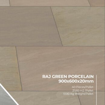 Premier Avantgarde Raj Green 21.6m² Porcelain tiles, sized 900x600x20mm, feature muted green, beige, and tan tones with a marble vein effect and are arranged in a staggered pattern. Text reads: "RAJ GREEN PORCELAIN 900x600x20mm...