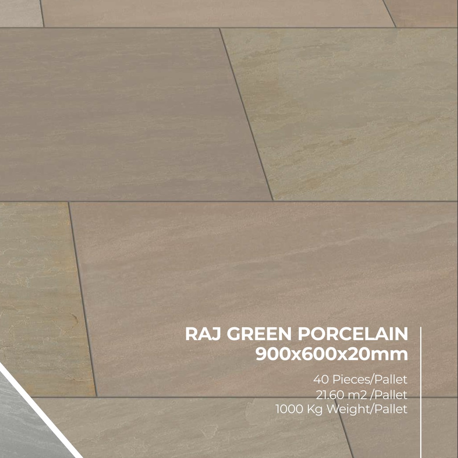 Premier Avantgarde Raj Green 21.6m² Porcelain tiles, sized 900x600x20mm, feature muted green, beige, and tan tones with a marble vein effect and are arranged in a staggered pattern. Text reads: 