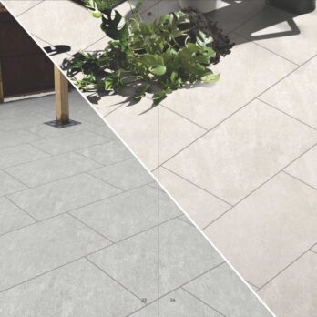 Split image of two outdoor patios: left side has light grey quartz tiles with garden decor; right shows Premier Avantgarde Quartz White 21.6m2 Porcelain Pack, styled to mimic Raj natural paving. Tile sizes and styles appear in the corners.