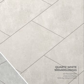 Premier Avantgarde Quartz White 900x600x20mm porcelain tiles arranged in a staggered pattern, resembling Raj natural paving. Corner text: "21.6m2 Porcelain Pack, 40 Tiles/Pallet, 1000kg Weight/Pallet.