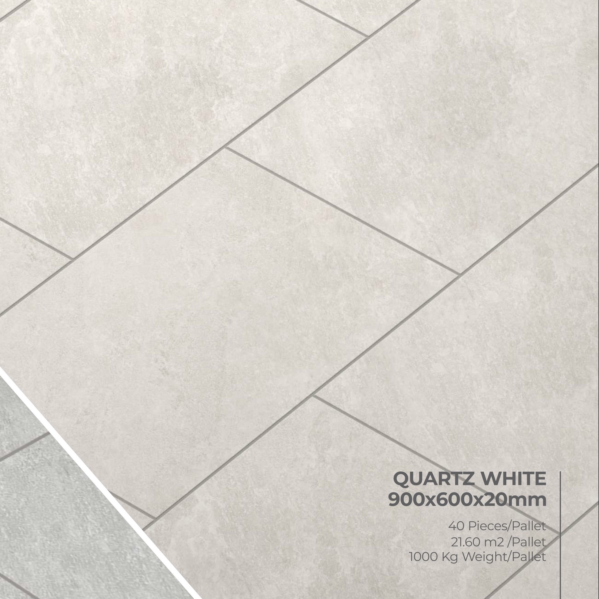 Premier Avantgarde Quartz White 900x600x20mm porcelain tiles arranged in a staggered pattern, resembling Raj natural paving. Corner text: 
