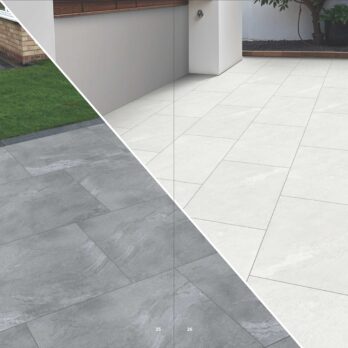 Split image: left features Premier Avantgarde Mercury Volcanic Grey 21.6m² Porcelain tiles, resembling Raj natural paving next to a green lawn; right shows large Himalayan White tiles with minimalist landscaping.