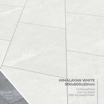 Premier Avantgarde Himalayan White 900x600x20mm porcelain tiles, 40 pieces/pallet, cover 21.60 m² per pallet with a total weight of 1000 kg. Volcanic grey Mercury effect emulates natural Raj paving in a staggered layout.