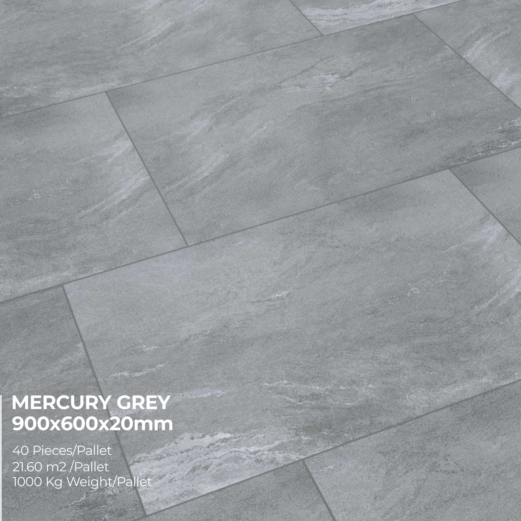 Premier Avantgarde Mercury Volcanic Grey 21.6m² Porcelain tiles: rectangular, grey, 900x600x20mm, feature a subtle Raj natural paving effect. Each pallet contains 40 tiles (21.60m² total), weighing 1000 kg.
