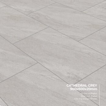 Large, rectangular Premier Cathedral Grey porcelain tiles with a subtle stone-textured marble vein effect, arranged in an offset pattern. Text: "Premier Cathedral Grey 21.6m2 Porcelain Pack, 900x600x20mm, 40 pcs/pallet, 1000kg/pallet.