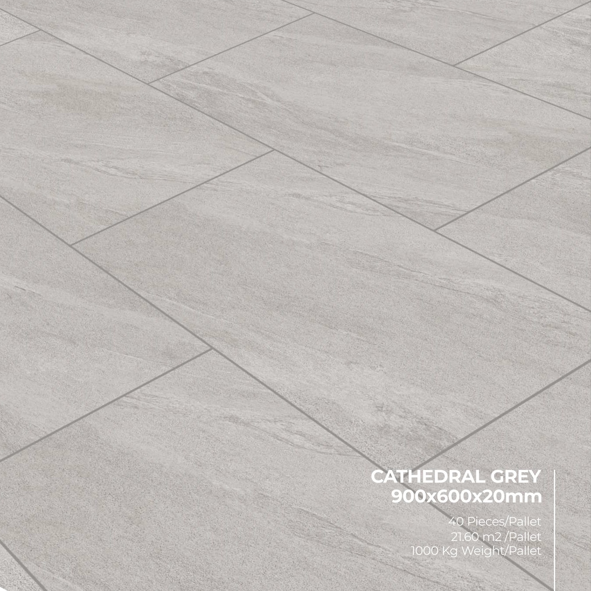 Large, rectangular Premier Cathedral Grey porcelain tiles with a subtle stone-textured marble vein effect, arranged in an offset pattern. Text: 