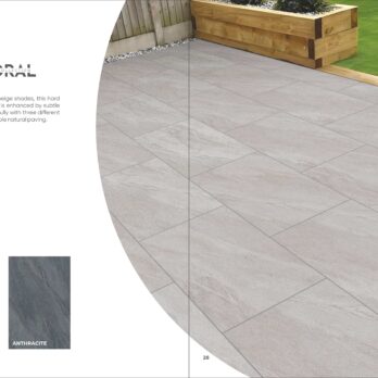 A modern patio with large grey stone tiles beside a wooden raised bed. Tile samples shown—beige, grey, and anthracite—including Premier Cathedral Beige 21.6m2 Porcelain Pack, featuring a marble vein effect for a natural look.