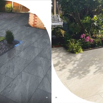 Two outdoor patios: the left uses Premier Cathedral Anthracite 21.6m2 Porcelain Pack tiles with a marble-effect vein beside lawn and gravel, while the right features light beige tiles bordered by vibrant garden plants and shrubs.