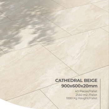 Premier Cathedral Beige 21.6m² Porcelain Pack: 900x600x20mm beige stone-effect tiles with marble veining, supplied in a staggered pattern. 40 pieces per pallet, covers 21.60 m², total pallet weight 1000 kg.